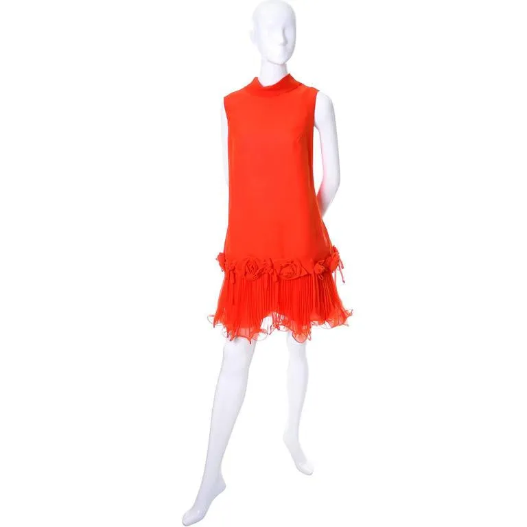 1960s Dupuis Jack Bryan Tomato Red Chiffon Vintage Dress Dead Stock NWT 10