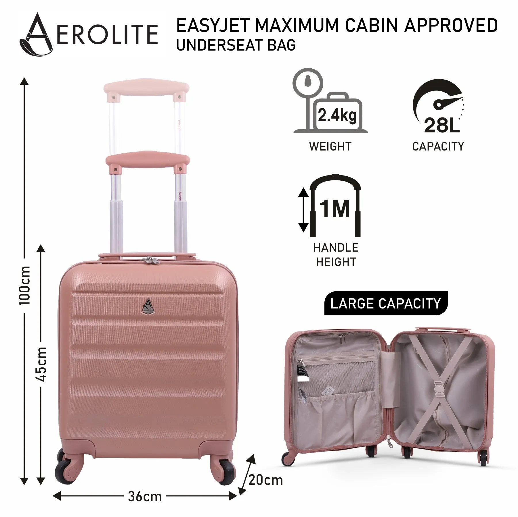 Aerolite 45x36x20cm Easyjet Maximum Cabin Carry On Suitcase With 8 Ultra Smooth Wheels, TSA Lock, Eco-Friendly Interior, SBS Zippers, 5 Years Warranty