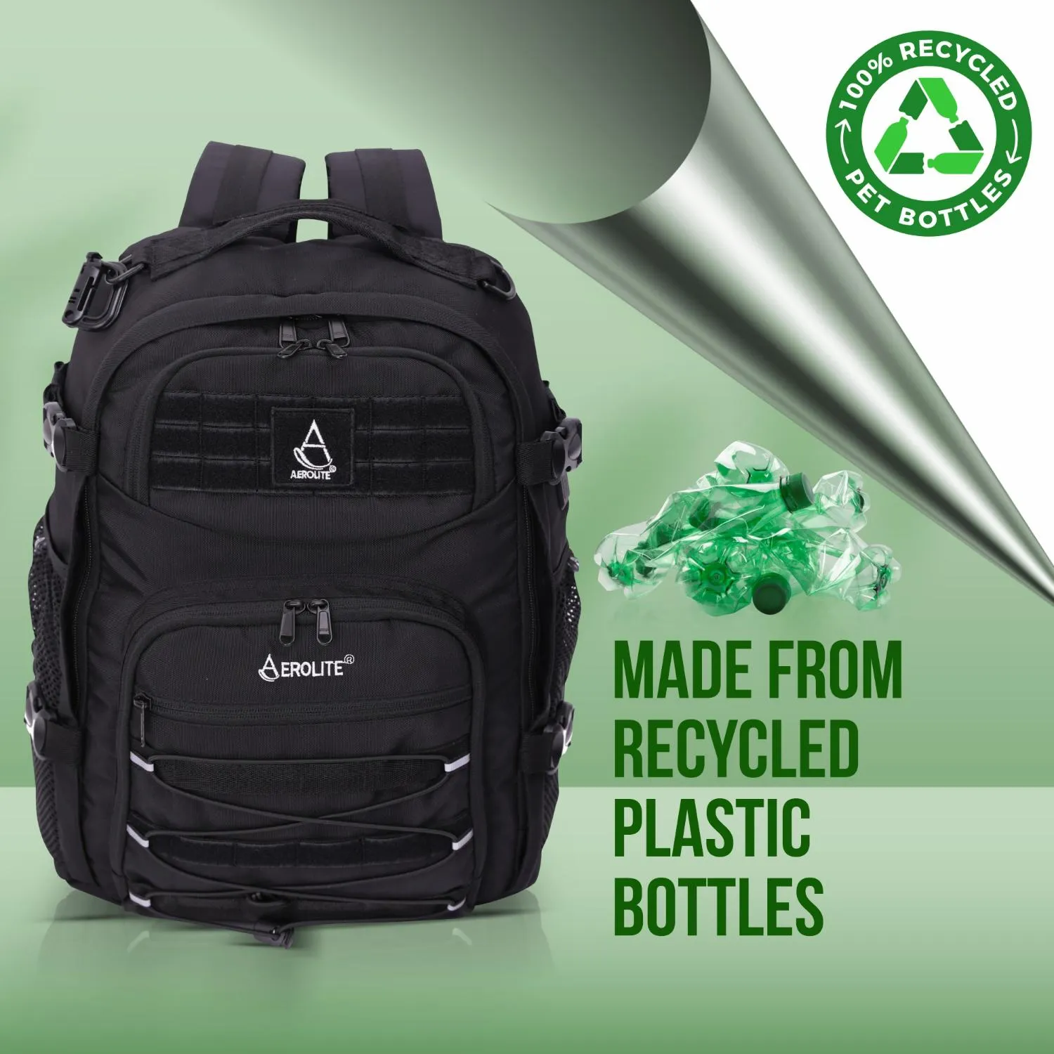 Eco-Friendly Aerolite Tactical Backpack - EasyJet Maximum Size (45x36x20cm) Made from Recycled, Shower-Resistant Material, Complete with Luggage Scale and TSA Lock, 10-Year Warranty