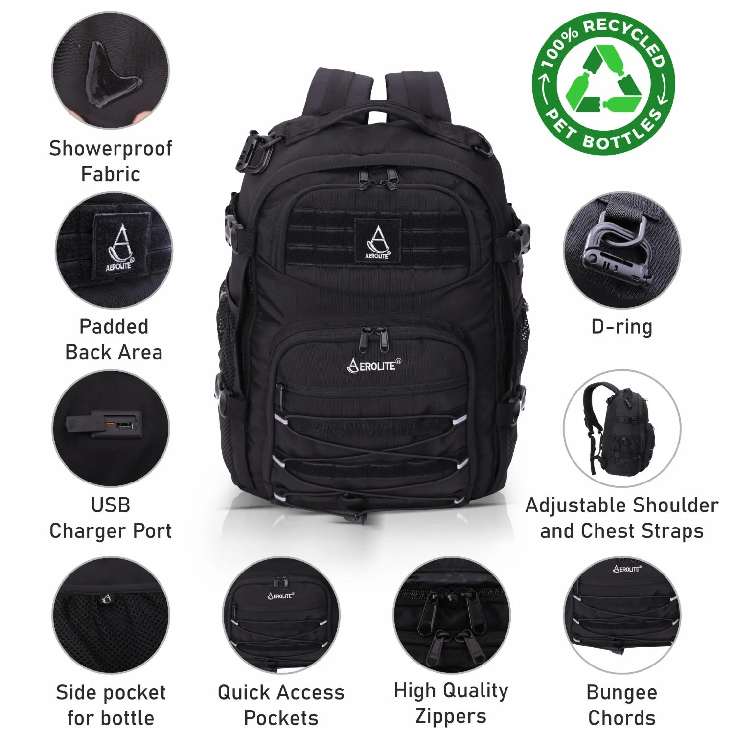 Eco-Friendly Aerolite Tactical Backpack - EasyJet Maximum Size (45x36x20cm) Made from Recycled, Shower-Resistant Material, Complete with Luggage Scale and TSA Lock, 10-Year Warranty