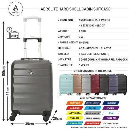 Aerolite (55x35x20cm) Lightweight Hard Shell Cabin Luggage and (40x20x25cm) Black Holdall