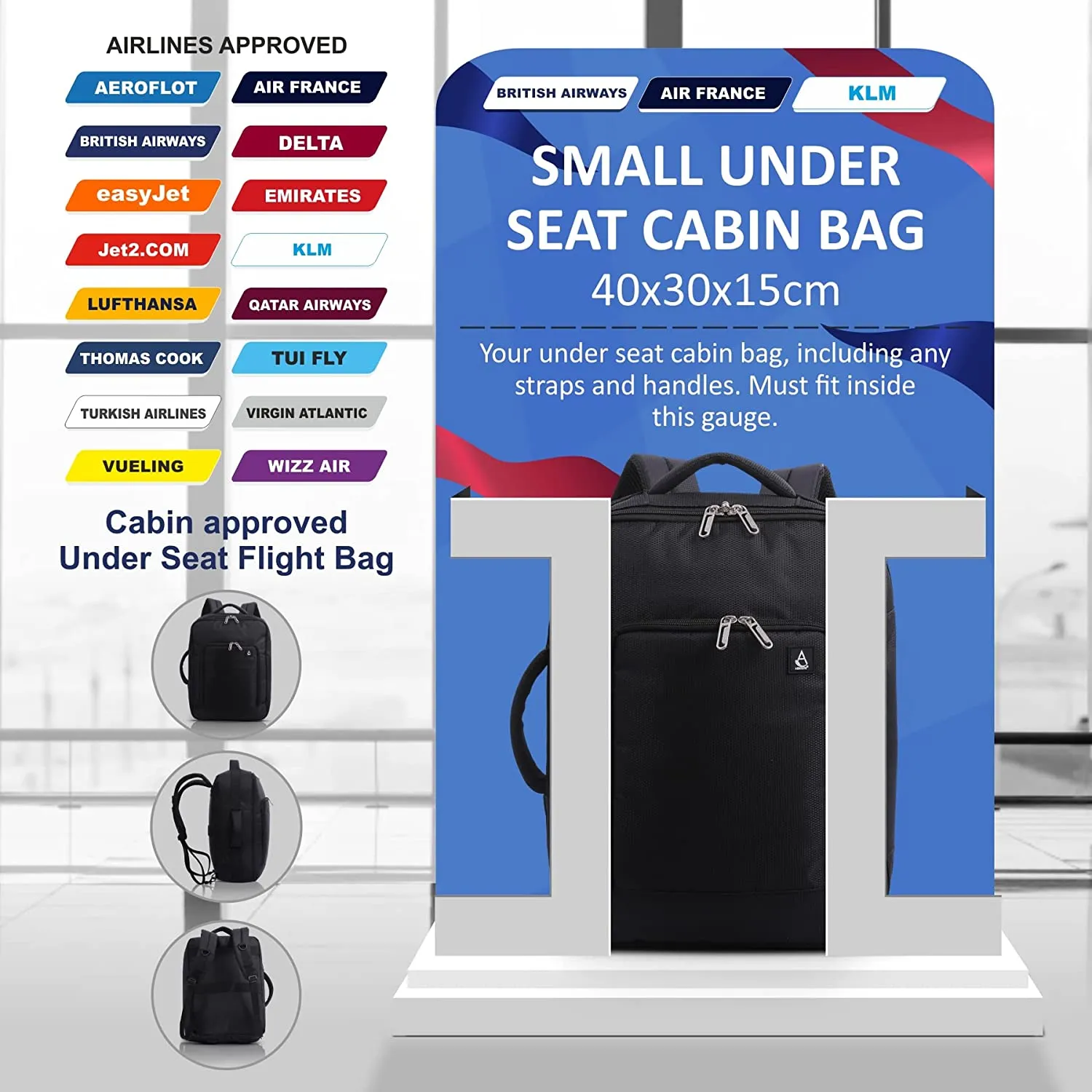 AEROLITE British Airways Max (40x30x15cm) New and Improved 2024, Max Size For BA, KLM, Air France, Approved For EasyJet, Virgin Atlantic Under Seat Flight Backpack, Black