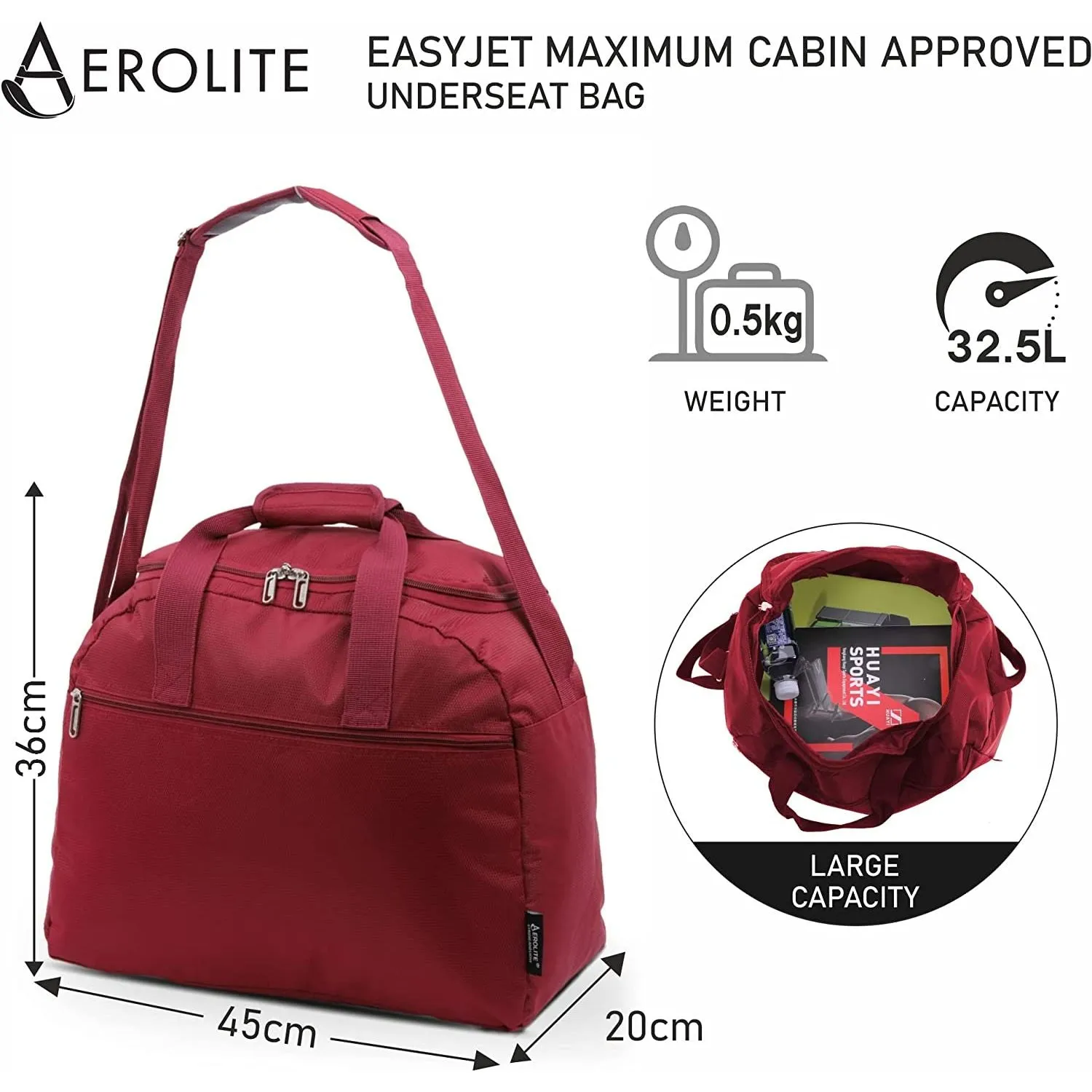 Aerolite Easyjet Maximum Size (45x36x20cm) Holdall New and Improved 2024 Cabin Luggage Under Seat Flight Bag