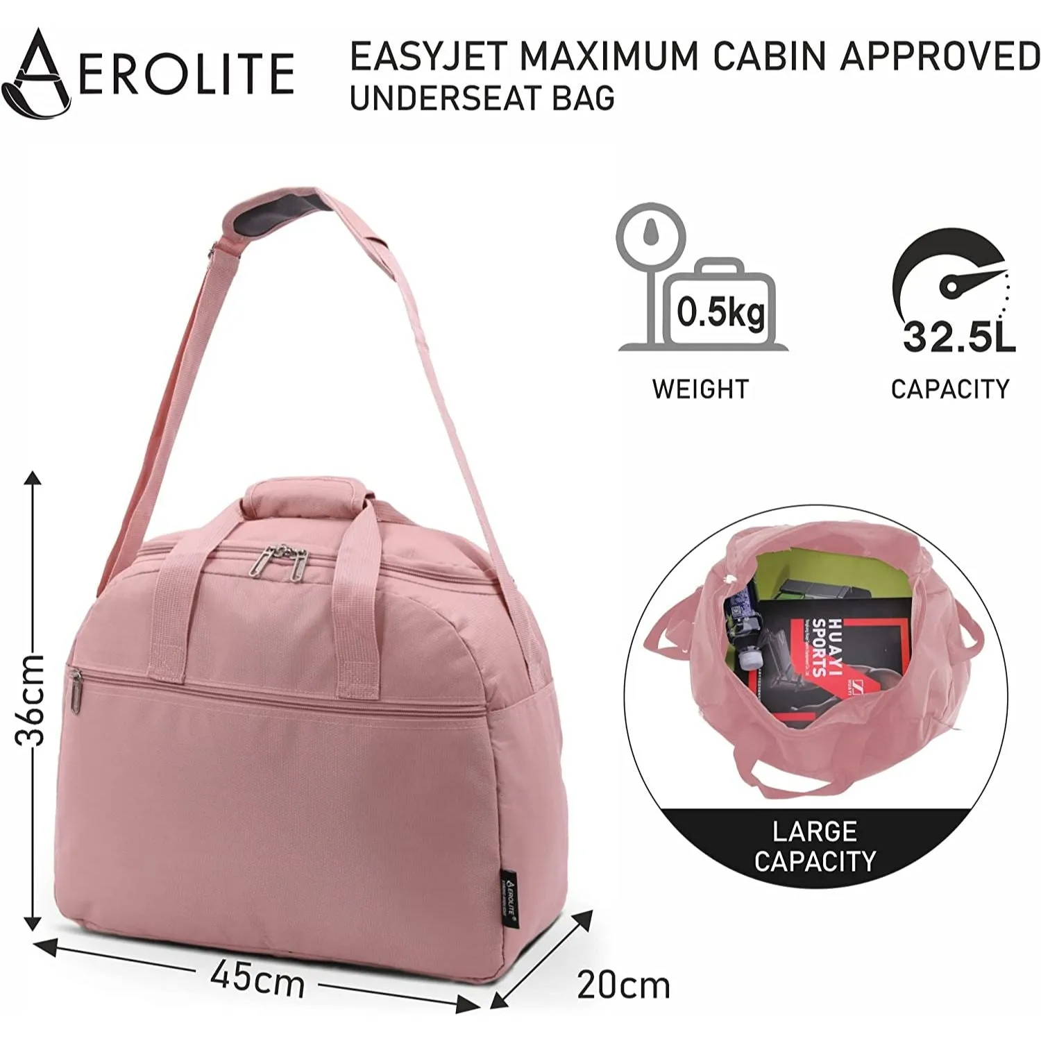 Aerolite Easyjet Maximum Size (45x36x20cm) Holdall New and Improved 2024 Cabin Luggage Under Seat Flight Bag