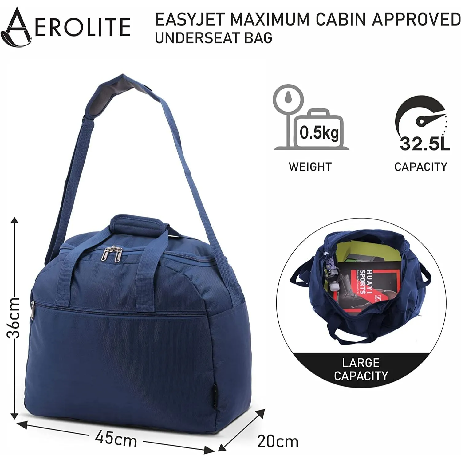 Aerolite Easyjet Maximum Size (45x36x20cm) Holdall New and Improved 2024 Cabin Luggage Under Seat Flight Bag