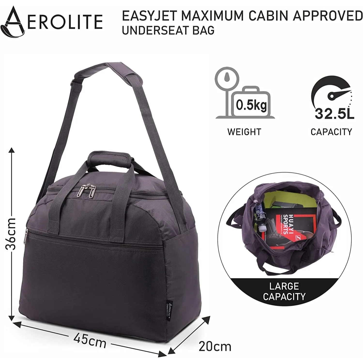 Aerolite Easyjet Maximum Size (45x36x20cm) Holdall New and Improved 2024 Cabin Luggage Under Seat Flight Bag
