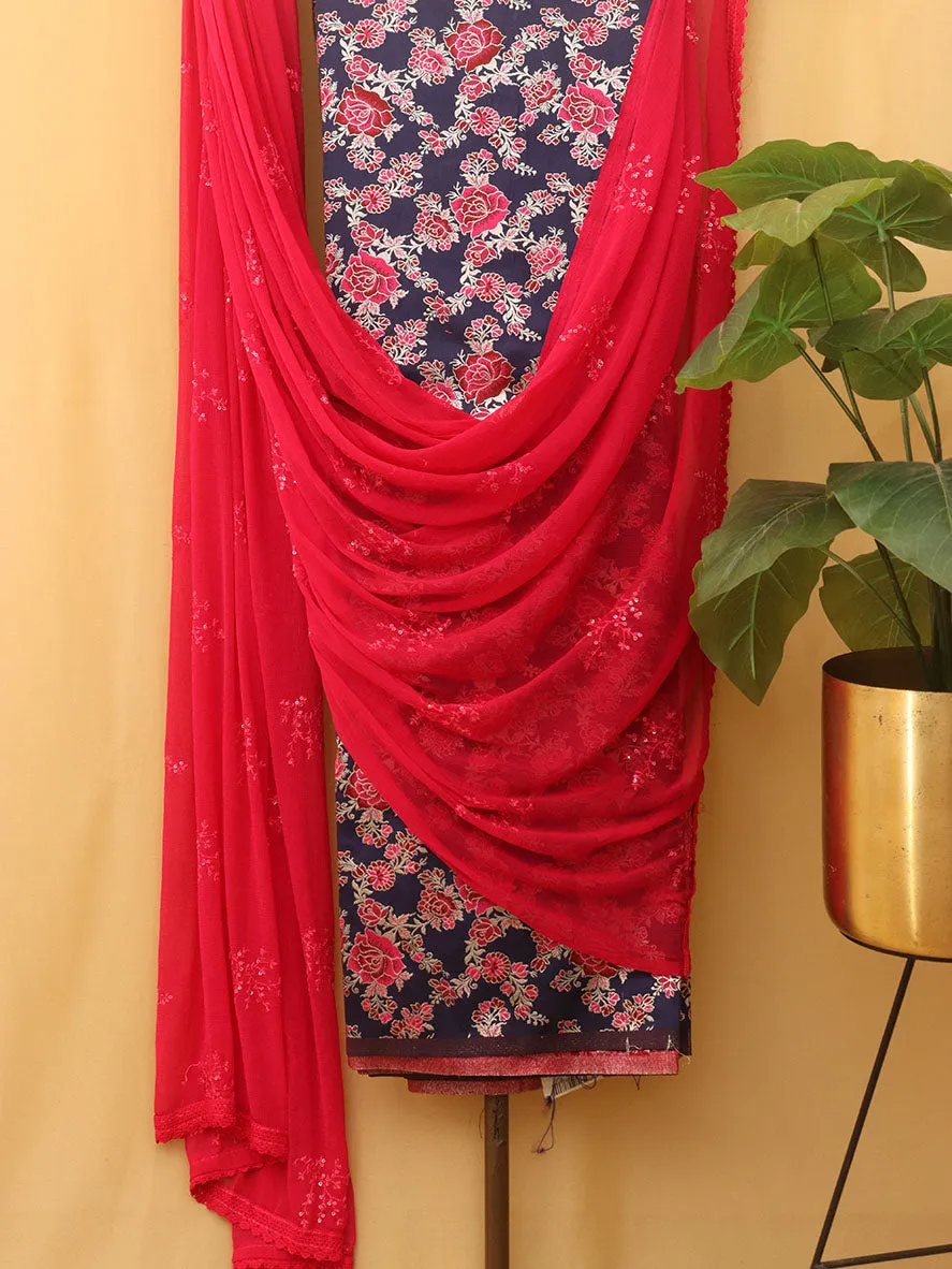 Blue Banarasi Silk Meenakari Suit With Pink Georgette Sequins Dupatta