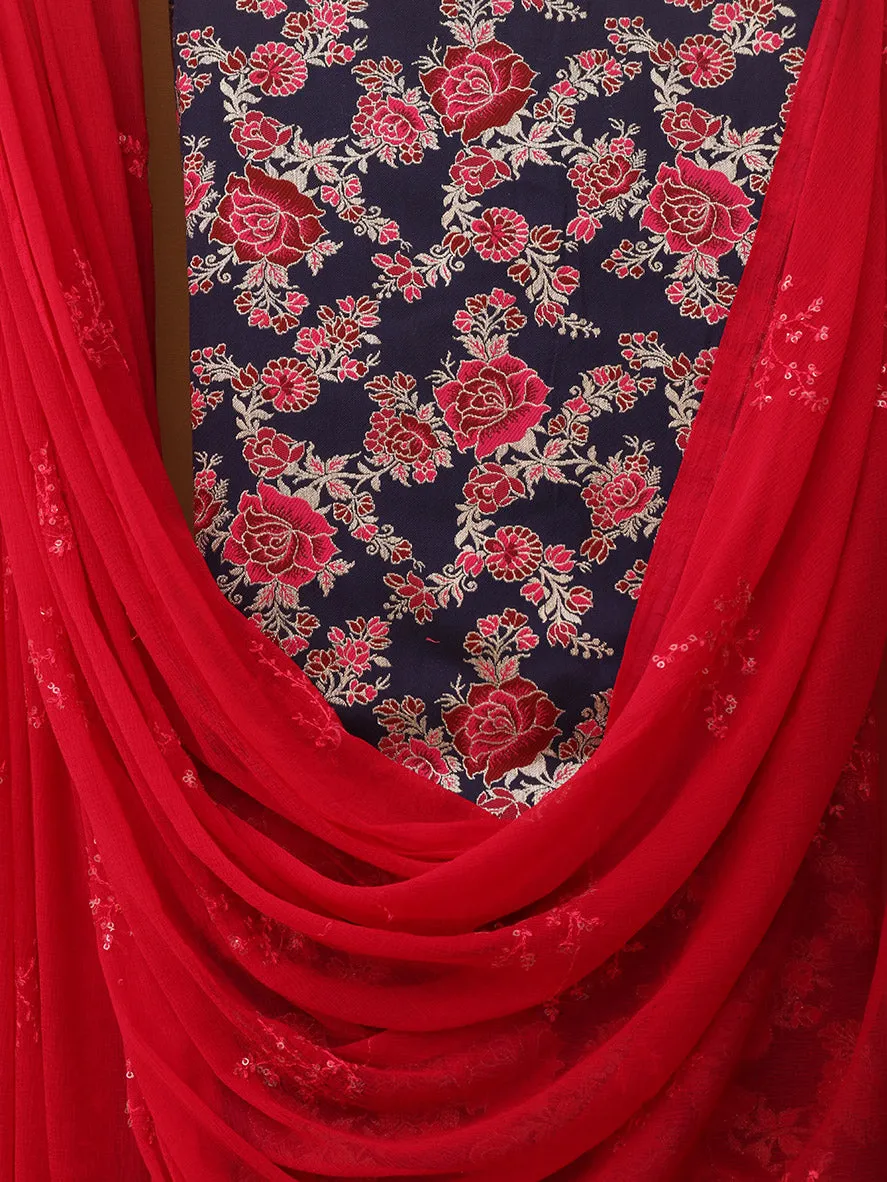 Blue Banarasi Silk Meenakari Suit With Pink Georgette Sequins Dupatta