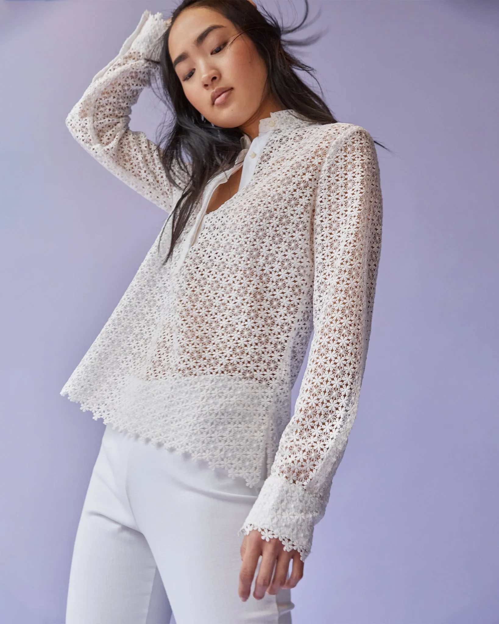 Darcy Shirt in White Floral Guipure Lace