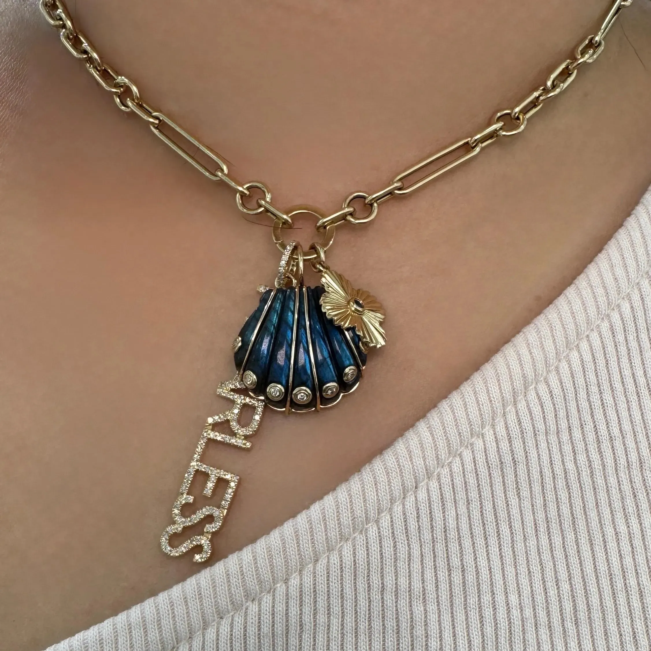 Diamond Labradorite Shell Pendant