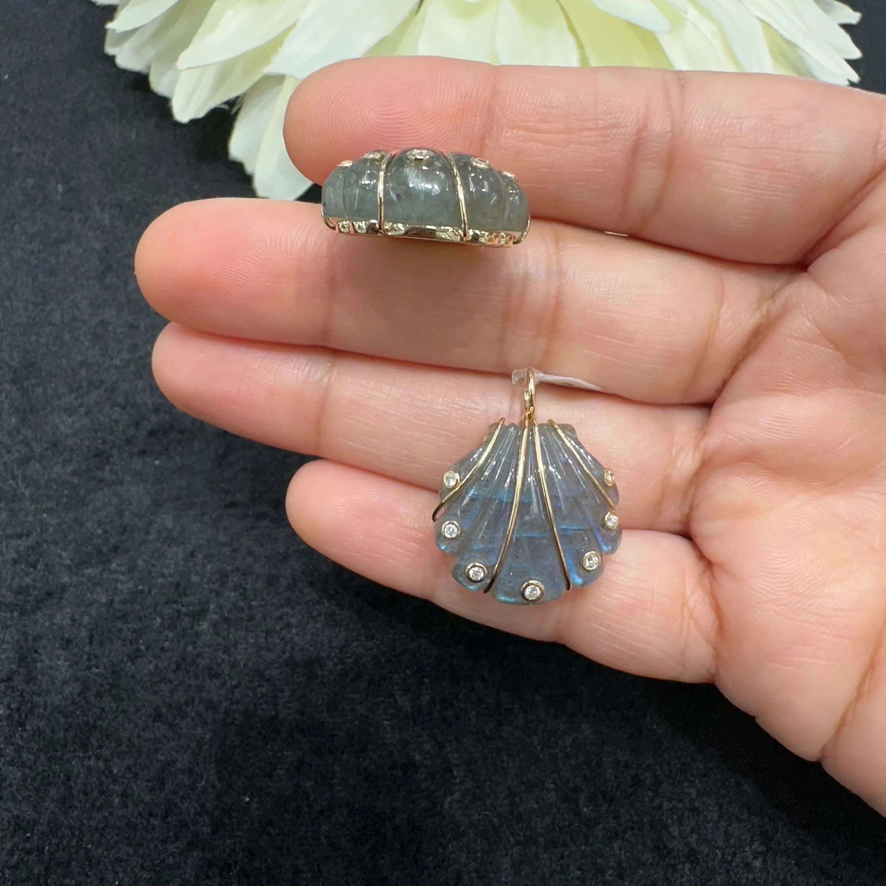 Diamond Labradorite Shell Pendant