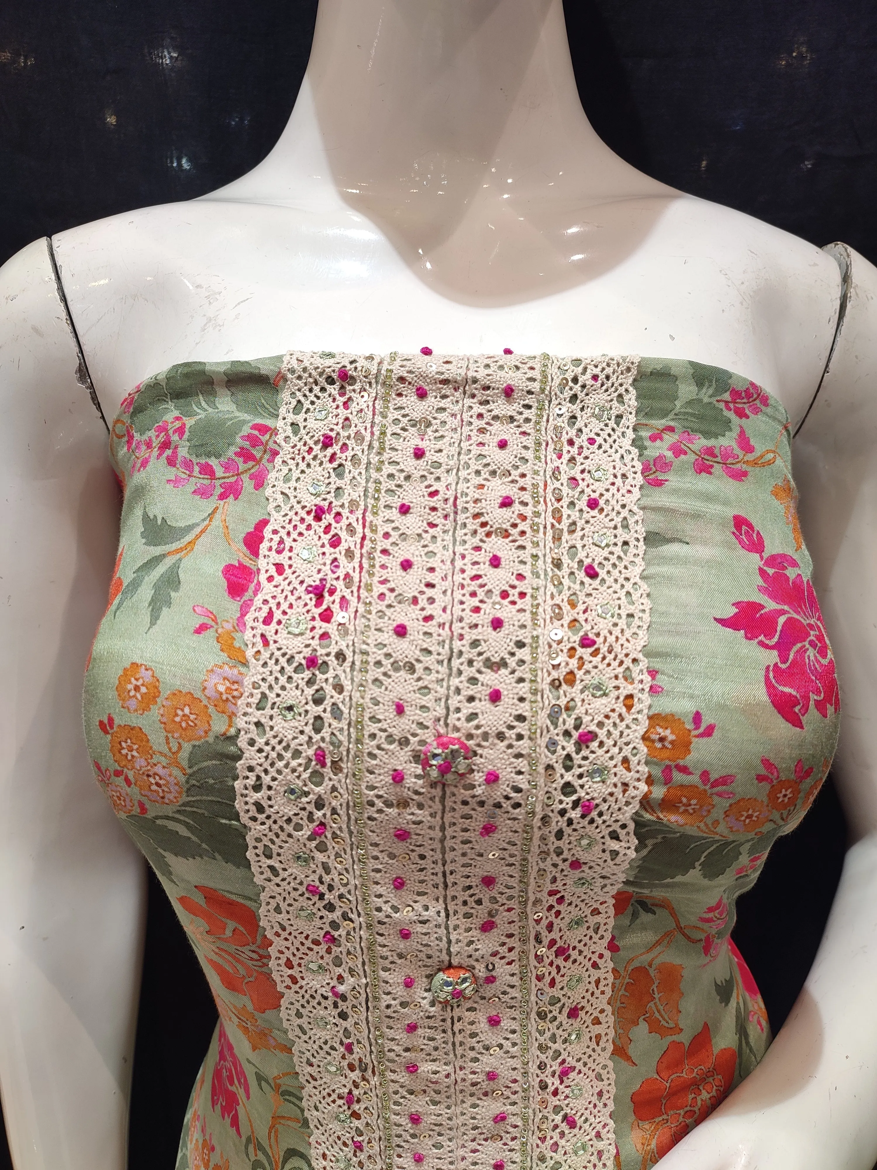 Green Muslin Unstitched Suit With Lacework