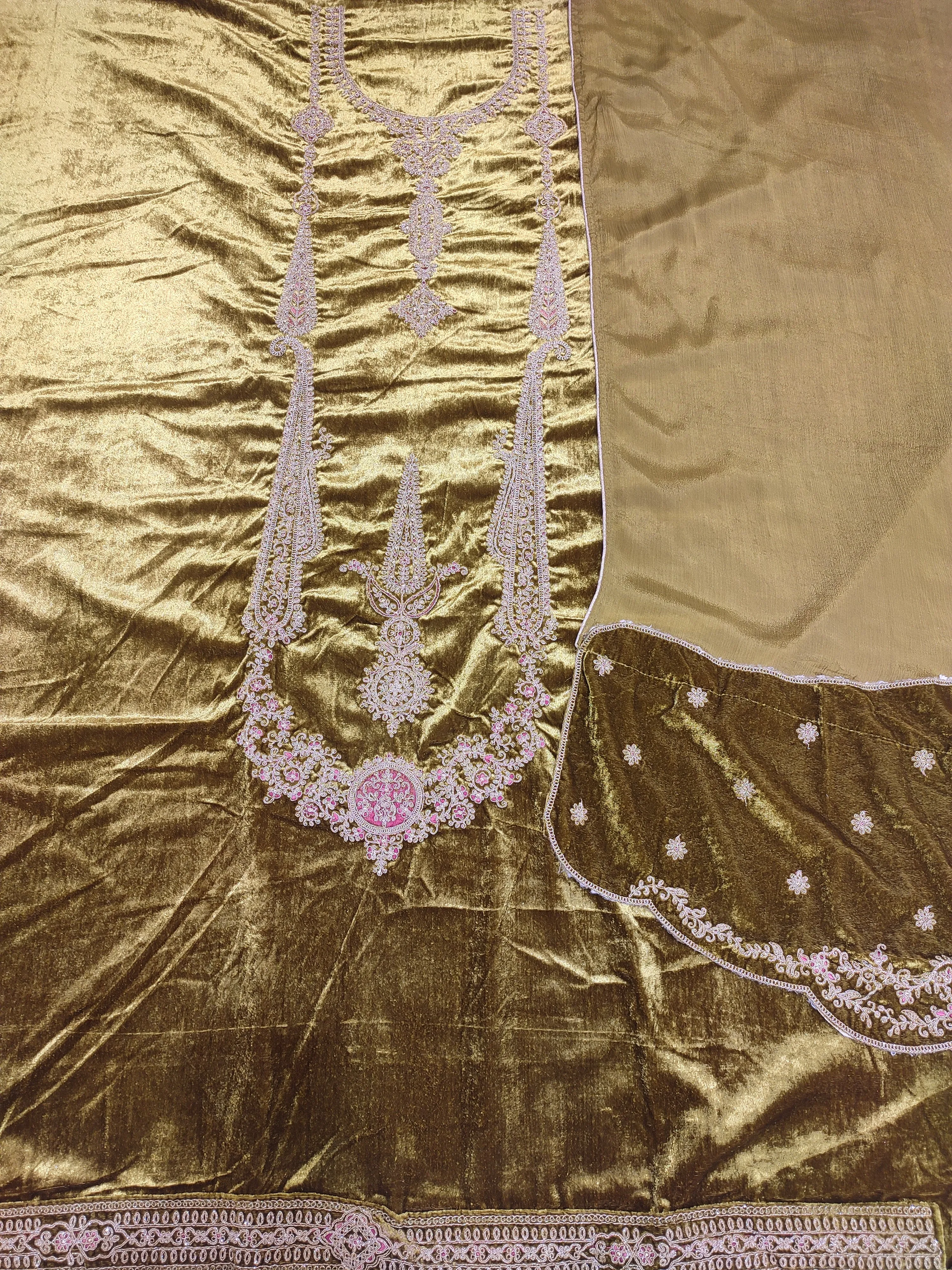 Green Velvet Unstitched Suit With Golden Embroidery