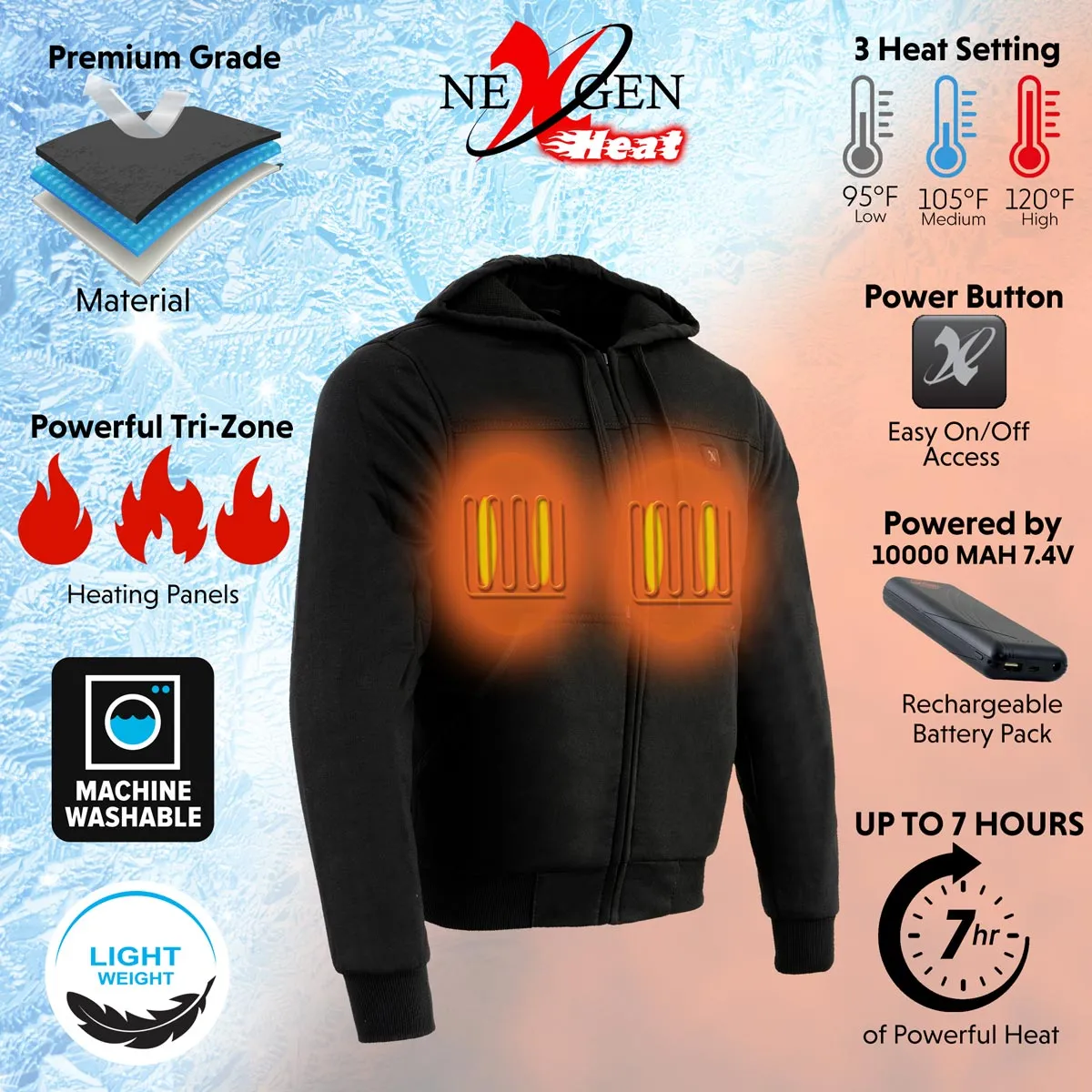 Nexgen Heat NXM1713SET Men's Fiery Heated Hoodie- Black Zipper Front Sweatshirt Jacket for Winter w/Battery Pack