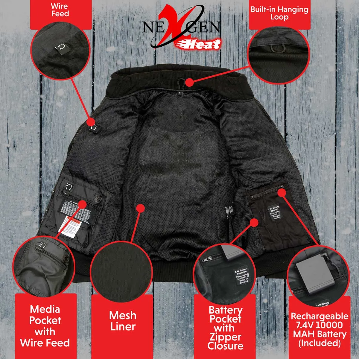 Nexgen Heat NXM1713SET Men's Fiery Heated Hoodie- Black Zipper Front Sweatshirt Jacket for Winter w/Battery Pack