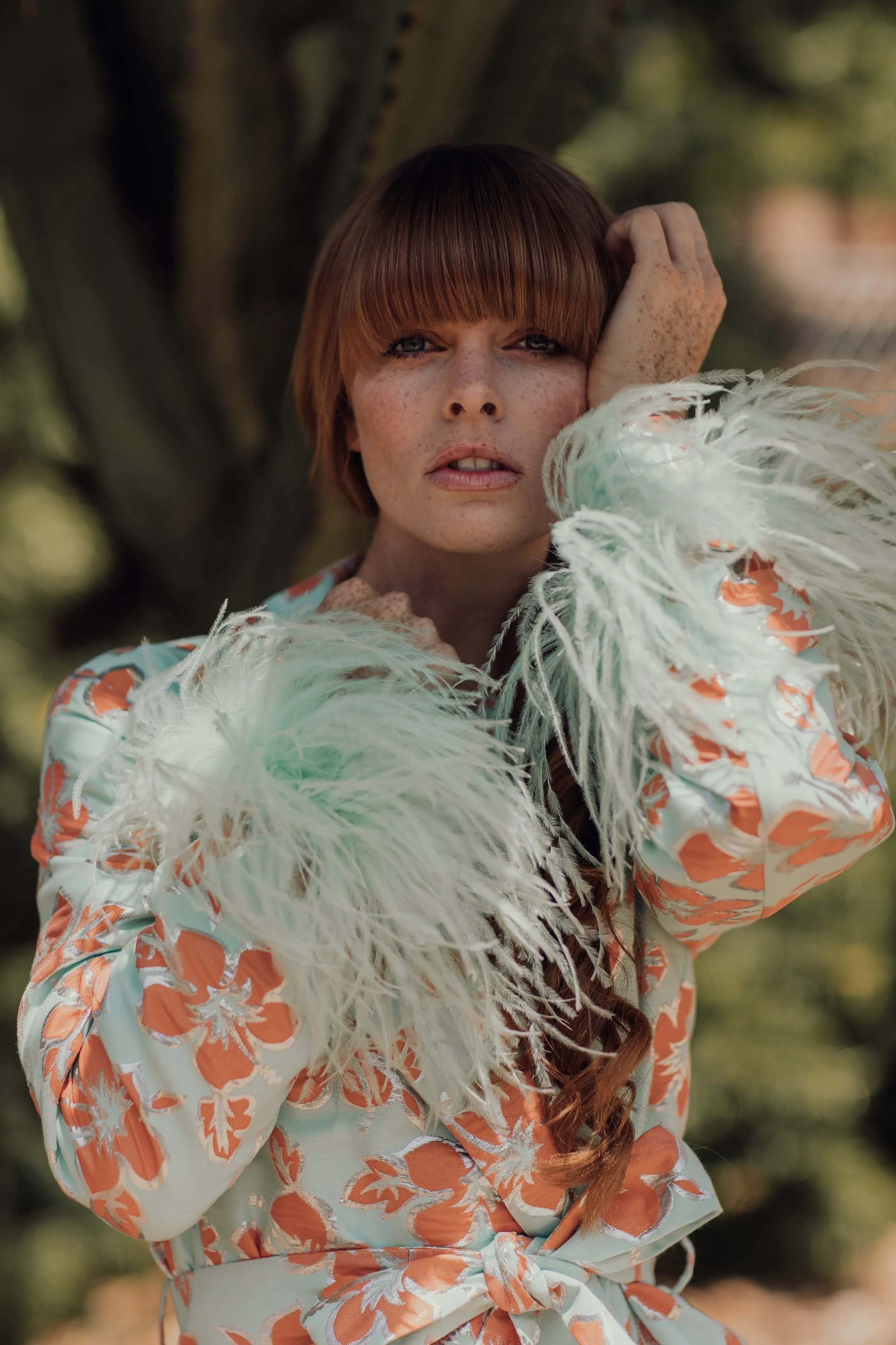 Vanilla Jacquard Jacket №19 detachable feather cuffs